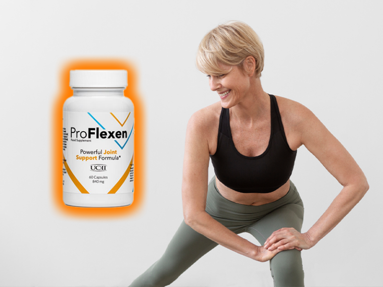 Proflexen bottle and woman stretching