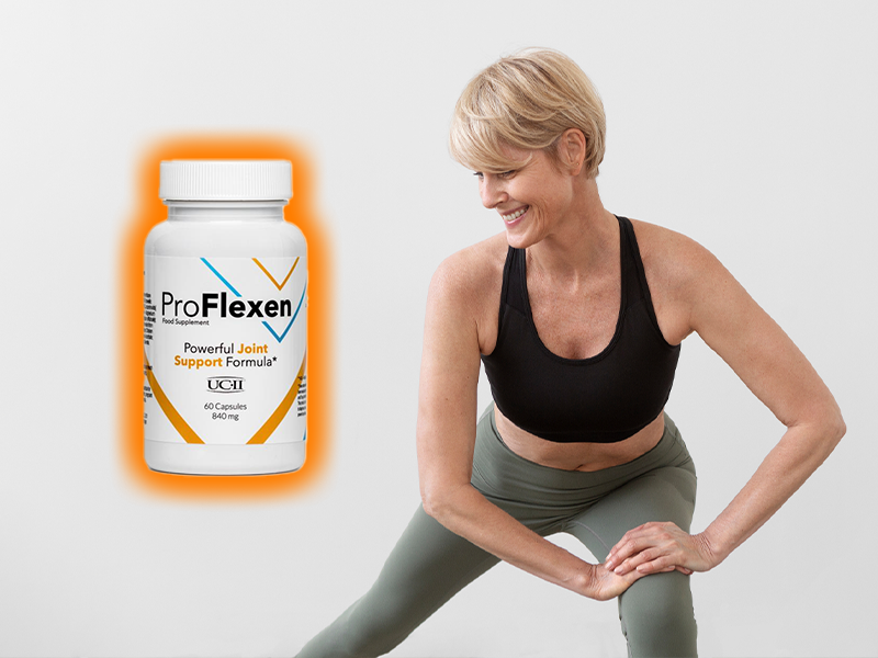 Proflexen bottle and woman stretching