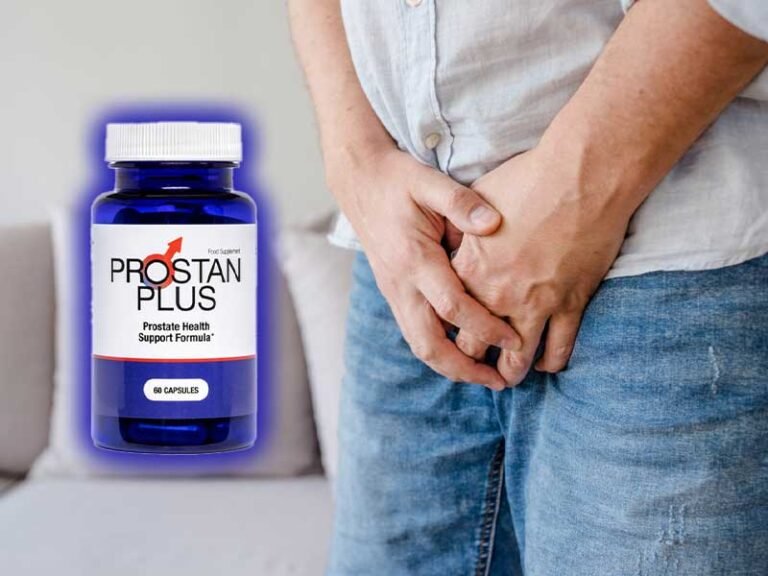 Prostan Plus Bottle and Man With Hands Over Bladder
